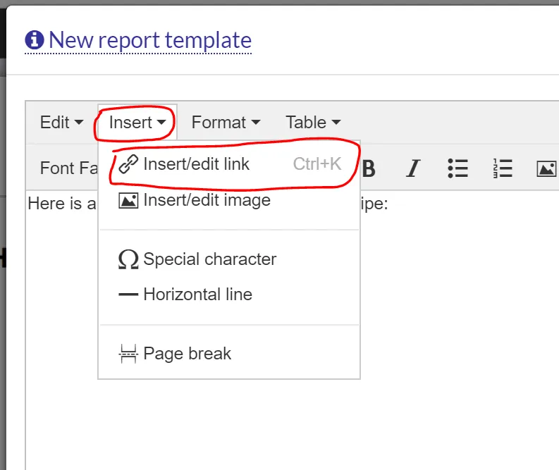 inserting a link in report template